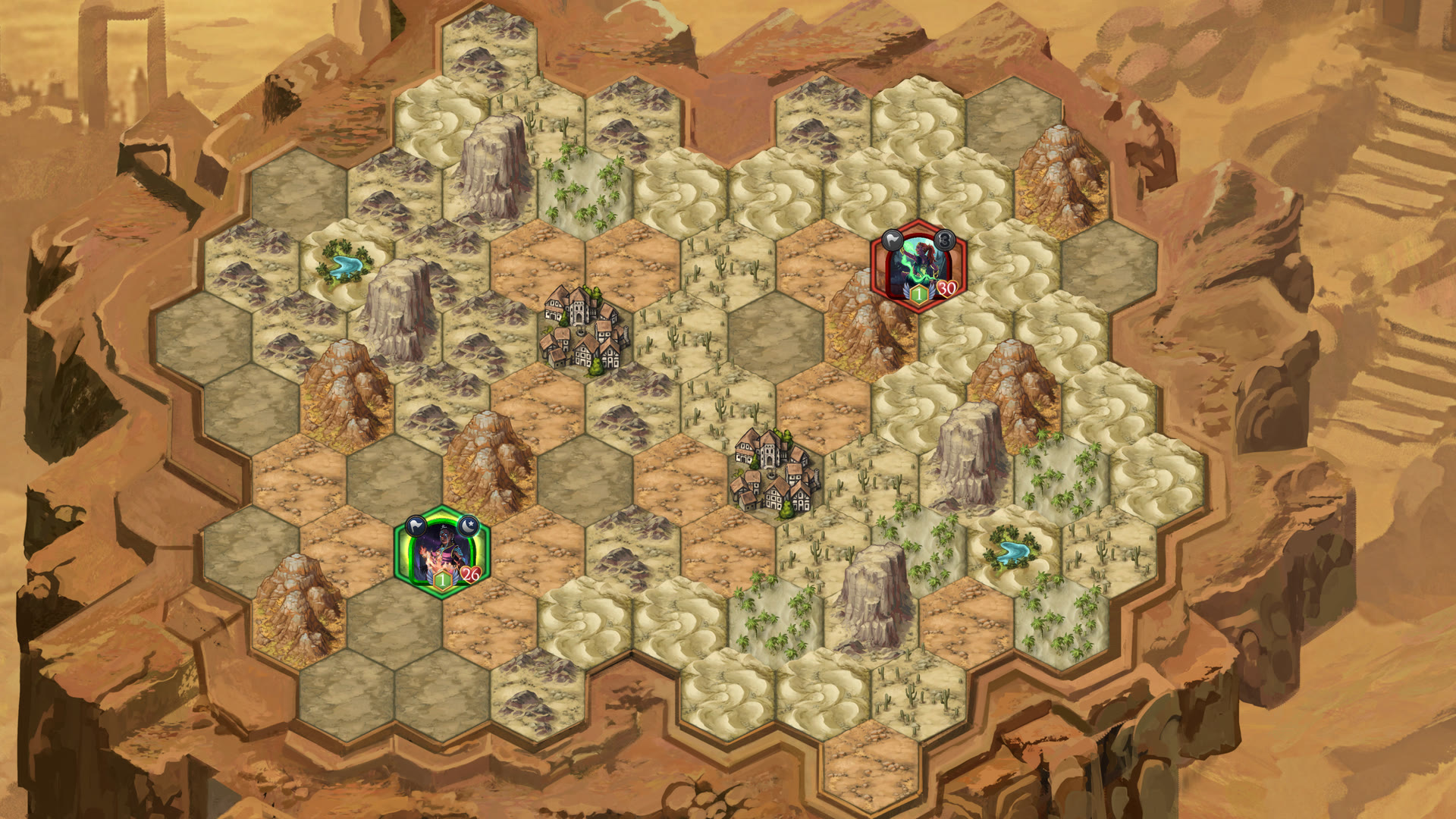 The Dunes map at the start of a game: your commander's starting tile at the bottom left (green outline), your opponent's at the top right (red outline), and two villages in the middle