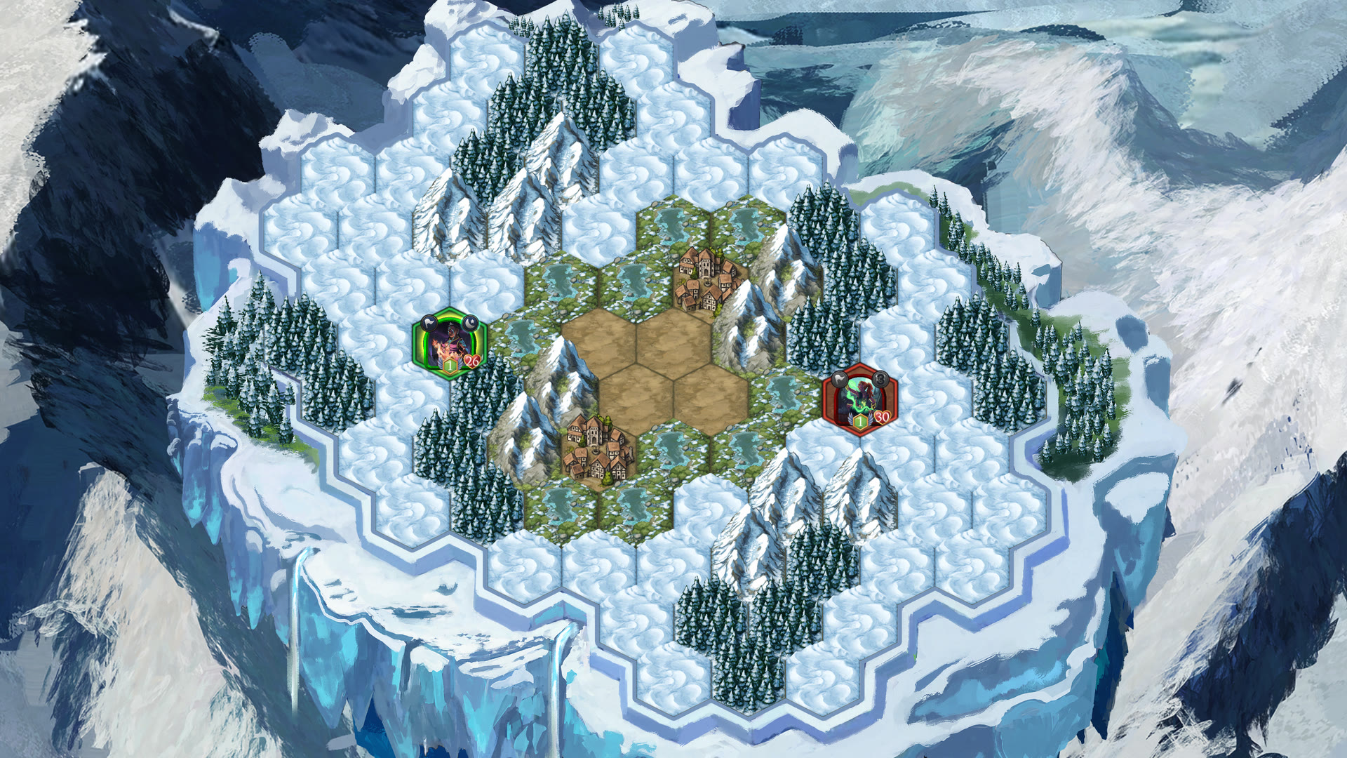 The Snowmelt map at the start of a game: starting tiles on the left (green outline) and right (red outline), around a center of villages and a lake ringed by snowy mountains