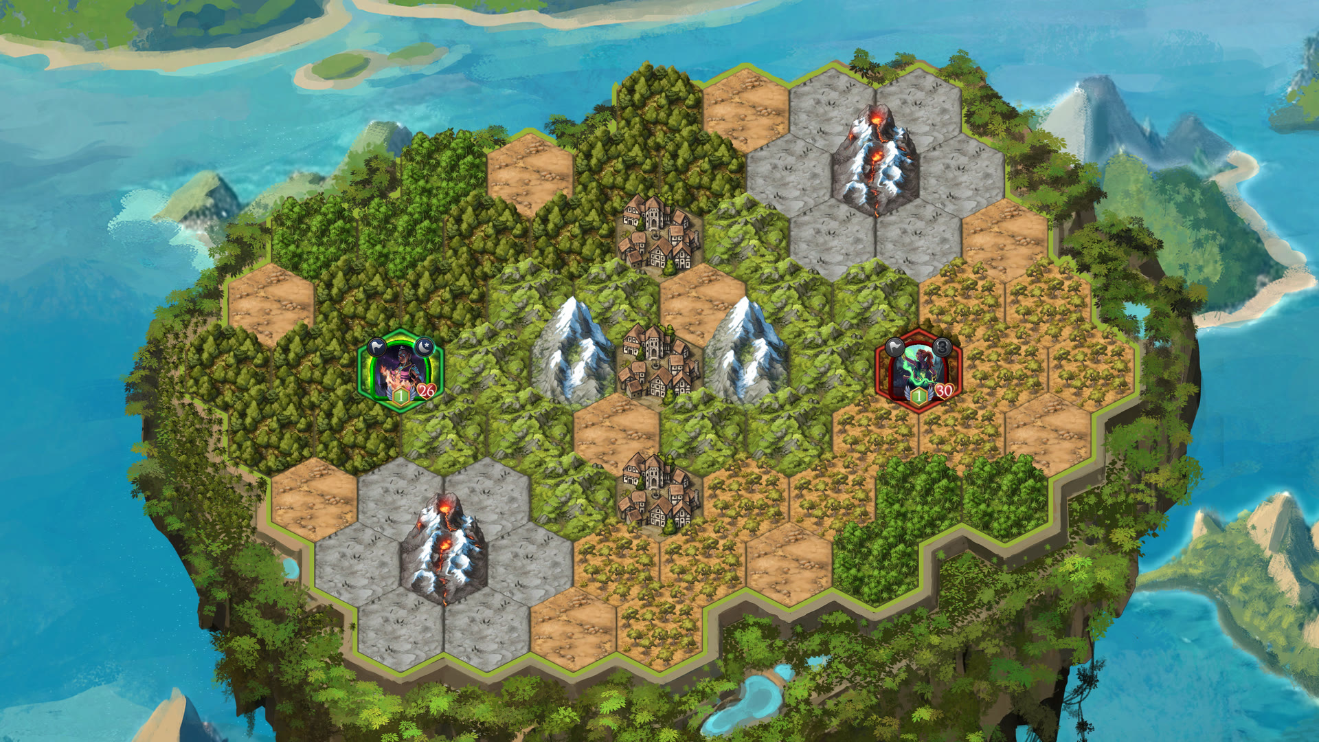 The Tropics map at the start of a game: starting tiles on the left (green outline) and right (red outline), three central villages between two mountains, and volcanoes in the corners