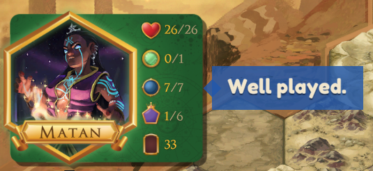 A commander portrait with a "Well played." emote in a speech bubble beside it