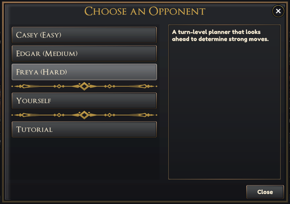 The Choose an Opponent menu, listing Casey (Easy), Edgar (Medium) and Freya (Hard)